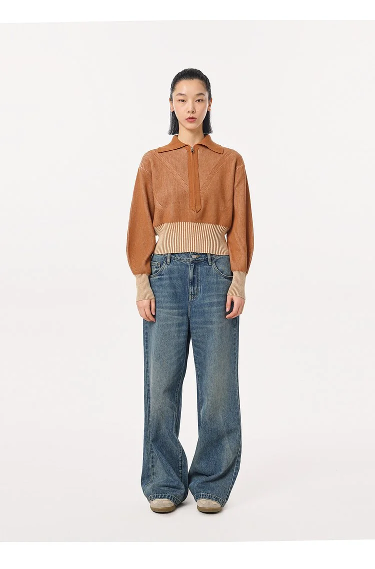 Turn-down Collar Ribbed Short Sweater — AGoodFun